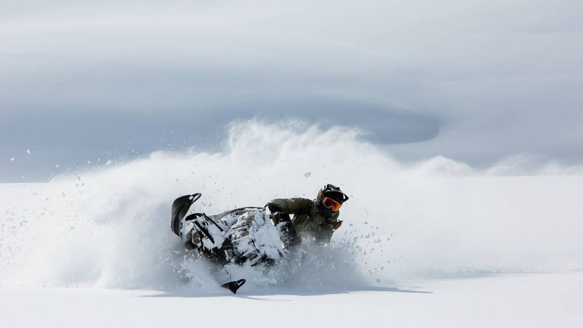 Snowmobiler or sledder taking a hard turn to the left in snow powder