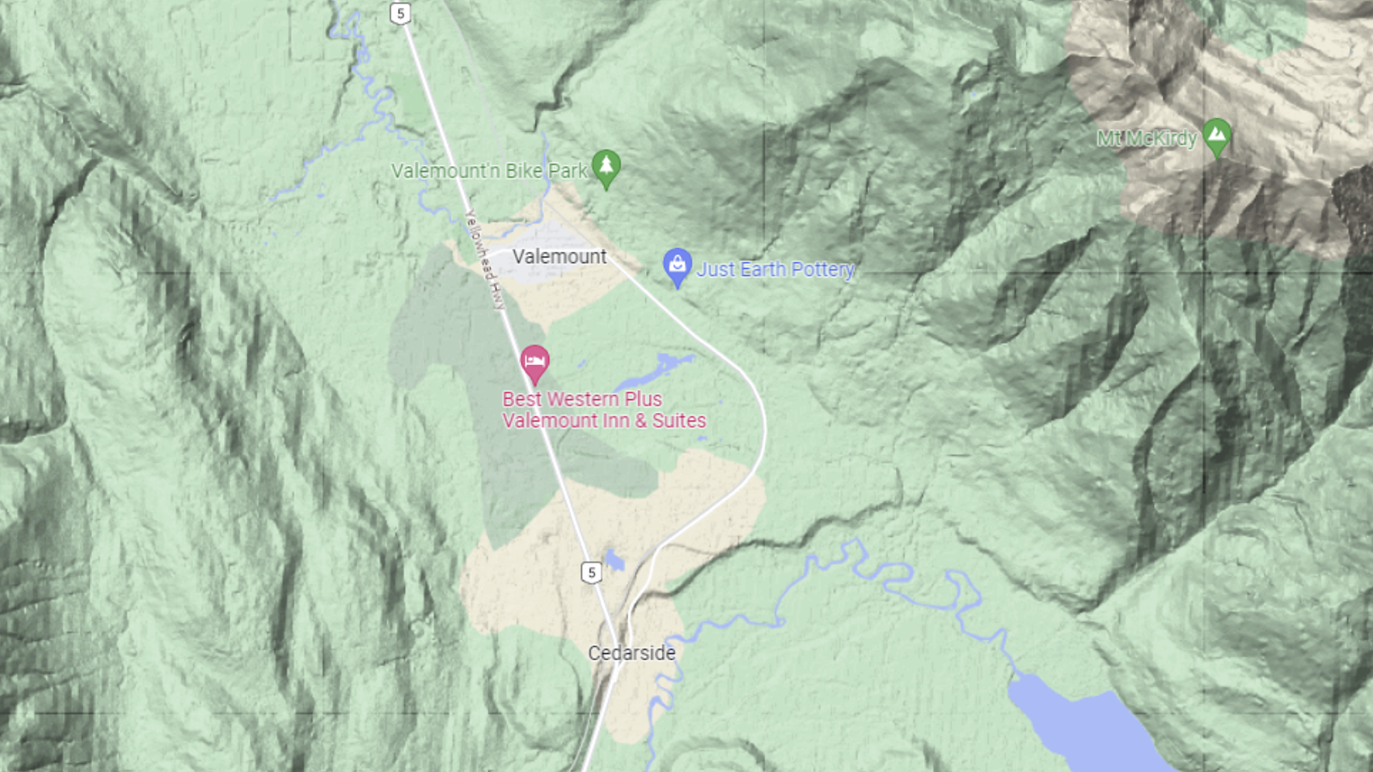 Map showing the location of Valemount surrounded by mountains and waterways