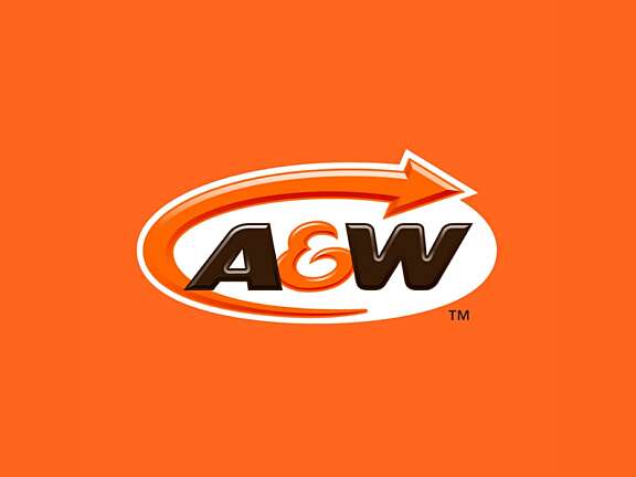 A&W restaurant logo with white lettering and arrow on orange background