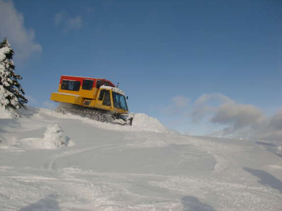 Yellow snowcat transporting guests for backcountry cat skiing