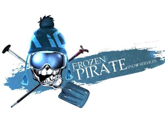 Frozen Pirate Snow Service logo featuring a snowman pirate with crossed shovels