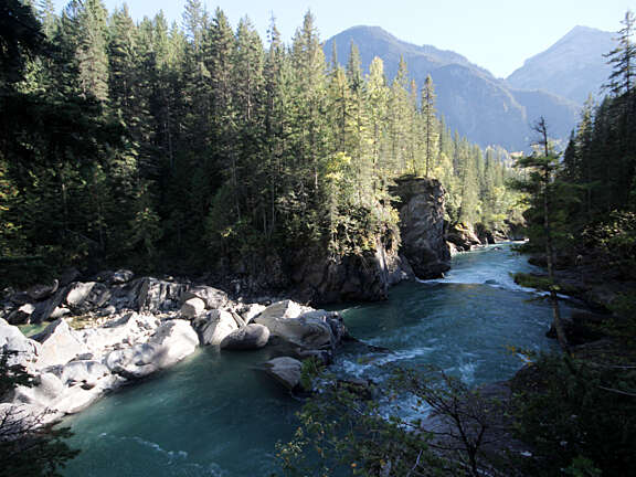 River flowing through forested canyon along Overlander Falls Trail in Valemount, British Columbia