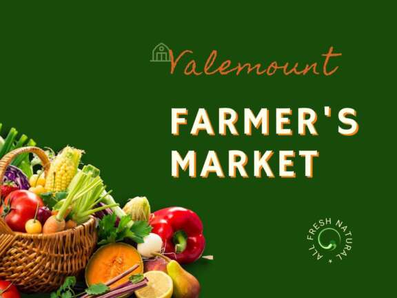 Valemount Farmer’s Market poster with fresh produce, every Thursday starting June 15th, 4:00–7:00 PM, beside the Village Office
