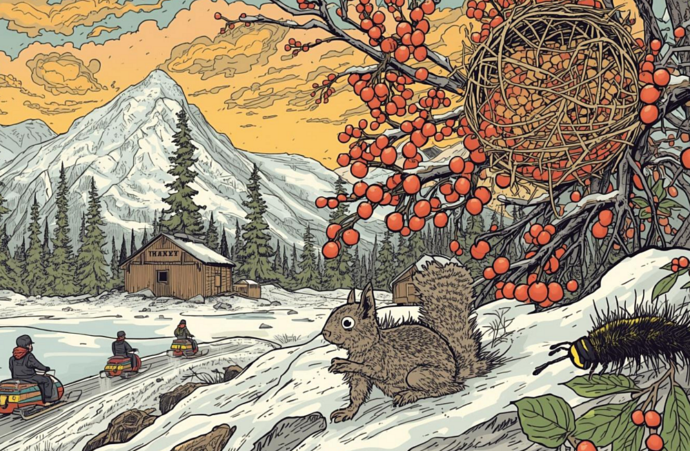 Illustrated Valemount winter scene with sledders, squirrel, and folklore signs.