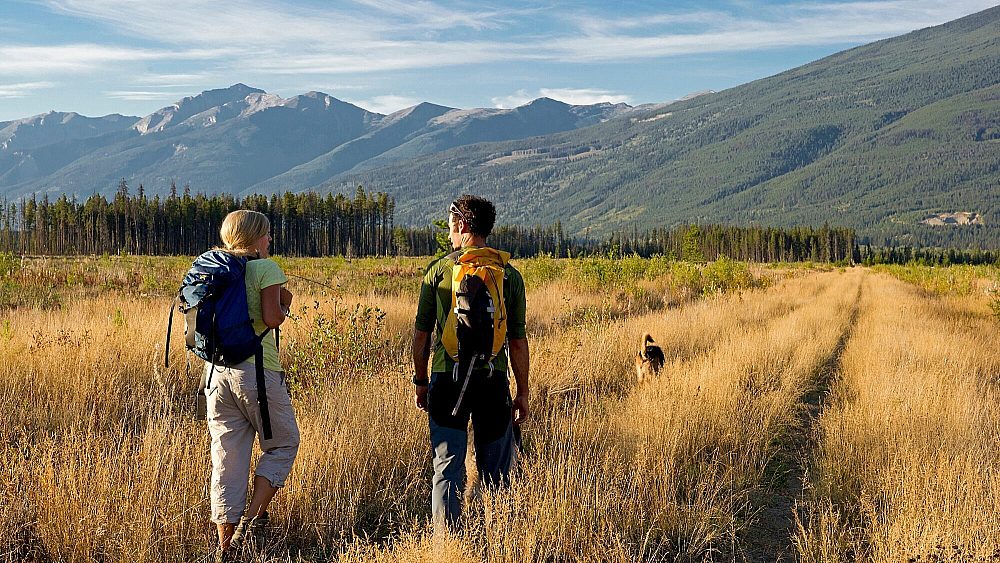 Two hikers walking along a trail in the Robson Valley with Mount Robson in the background.