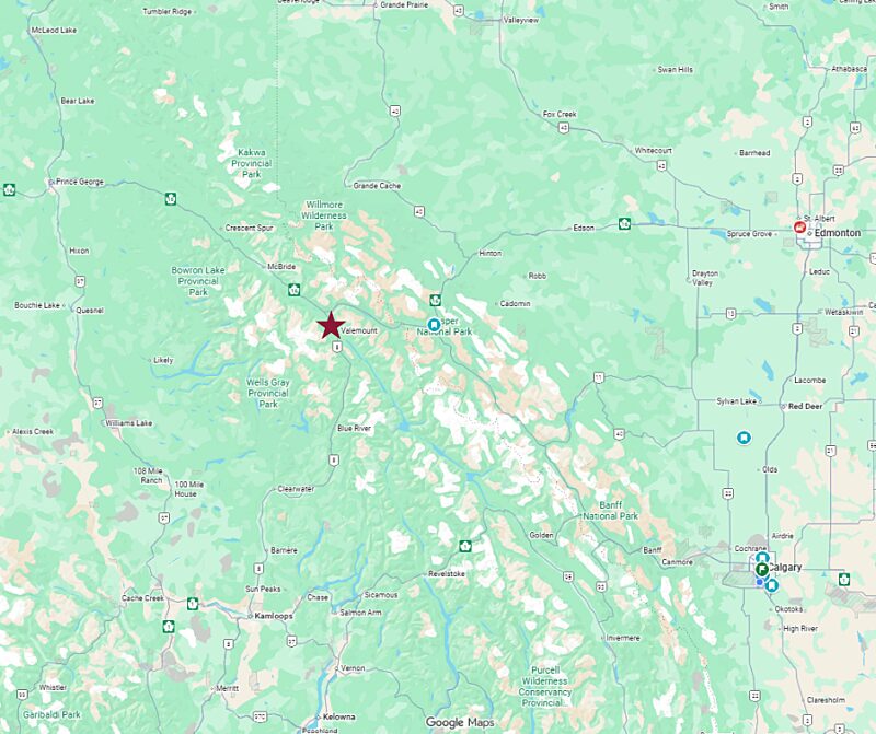 Map of Valemount, BC highlighting its central location between Jasper, Edmonton, and Prince George, a popular basecamp for snowmobiling and mountain adventures. Book your winter getaway at Best Western Plus Valemount, a hotel designed for sledders and all types of outdoor adventurers.