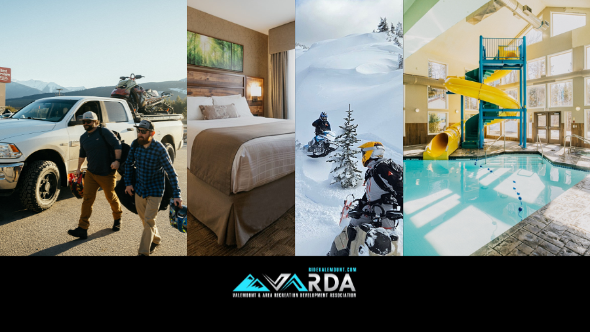 Image collage of lodging, snowmobiling, and pool amenities with AVARDA branding
